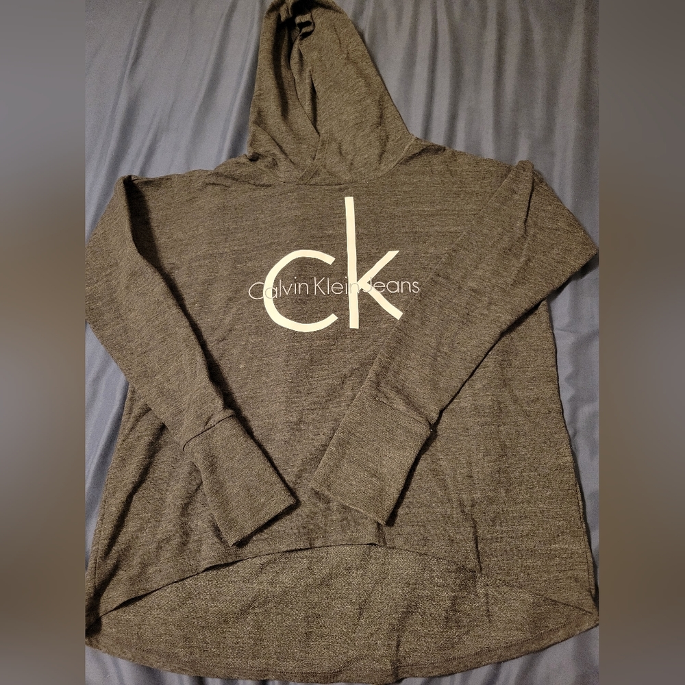 Calvin Klein Jean Hoodie Womens Small Dark Gray Casual Pullover Spellout Sweater